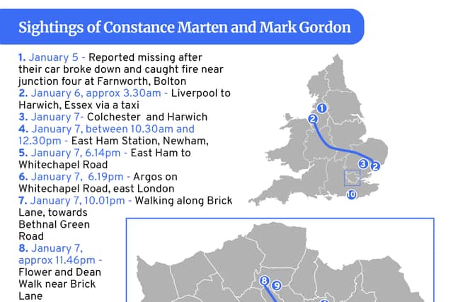 All 10 sightings of Constance Marten and Mark Gordon. Credit: Kim Mogg