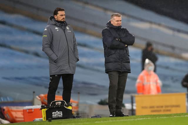 Neil Cutler, left, looks on during the Premier League clash between Manchester City and Aston Villa in January 2021.