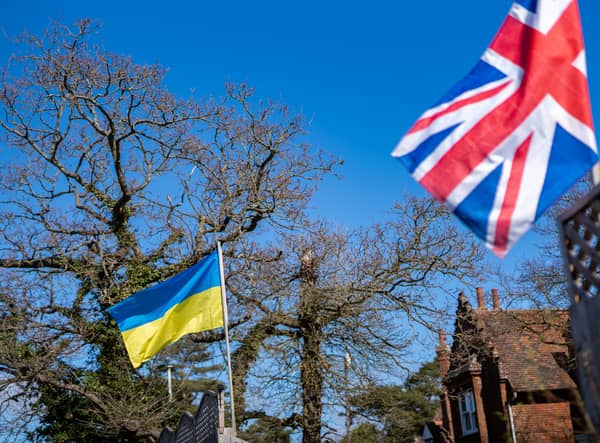 The Ukrainian and Union Jack flags flying side by side in solidarity and support for the on going crisis happening in Ukraine