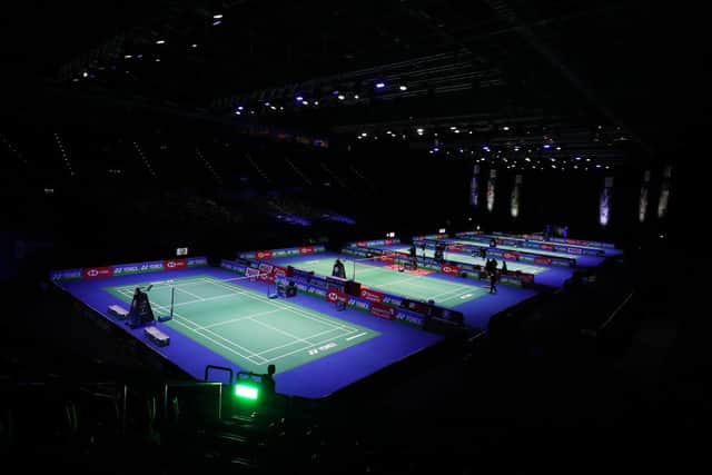 General view inside the arena as all five courts are seen ahead of day one of YONEX All England Open Badminton Championships at Utilita Arena Birmingham on March 17, 2021 in Birmingham, England. (Photo by Naomi Baker/Getty Images)