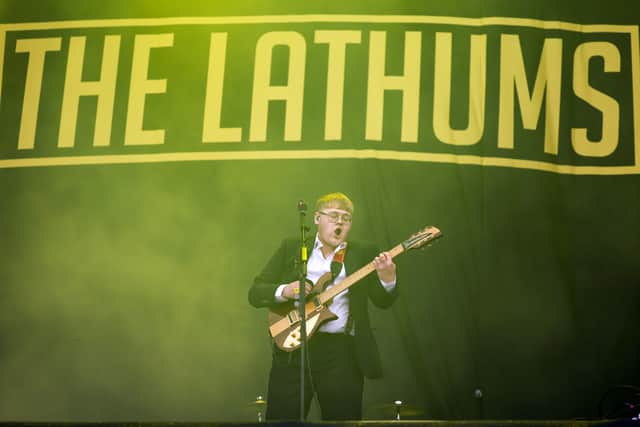 The Lathums Alex Moore performs on the main stage during the TRNSMT Festival at Glasgow Green on July 08, 2022 in Glasgow