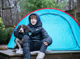 13-year-old Ashley Owens and his dog Bertie, from Welwyn Garden City in Hertfordshire, have spent over 650 nights camping out in a tent as part of their âsleep out to help outâ fundraising campaign.  (Photo - The Kennel Club/Eleanor Riley