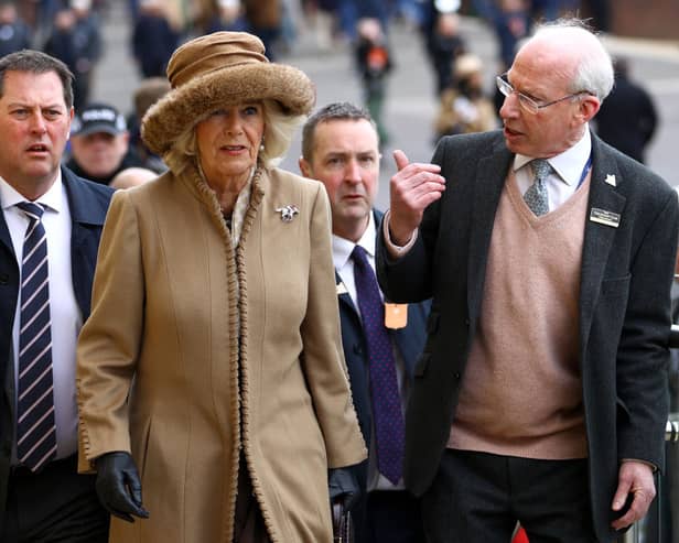 Camilla, Queen Consort arrives at day two of the Cheltenham Festival 2023 at Cheltenham Racecourse on March 15, 2023 in Cheltenham, England. (Photo by Michael Steele/Getty Images)
