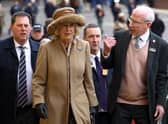Camilla, Queen Consort arrives at day two of the Cheltenham Festival 2023 at Cheltenham Racecourse on March 15, 2023 in Cheltenham, England. (Photo by Michael Steele/Getty Images)