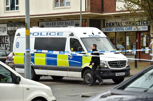 Police and forensic officers at the scene of a violent fatal attack at Heathway Shopping Precinct in Shard End, Birmingham. March 16, 2023.  (Photo - Emma Trimble / SWNS)
