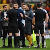 Julen Lopetegui, Manager of Wolverhampton Wanderers and Ruben Neves clash with Referee Michael Salisbury after the team’s defeat in the Premier League match between Wolverhampton Wanderers and Leeds United at Molineux 