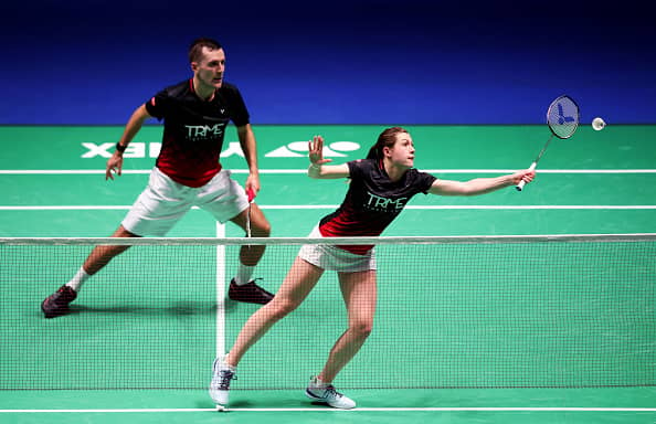 Jenny Moore and Gregory Mairs of England in action during their mixed doubles match Won Ho Kim and Eun Na Jeong of Korea during Day Two of the Yonex All England Open Badminton Championships 2023 at Utilita Arena Birmingham on March 15, 2023 in Birmingham, England. (Photo by Naomi Baker/Getty Images)