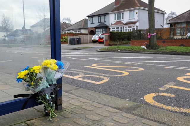 Flowers left at the scene after 15-year-old girl has tragically died after being struck by a bus in Sheaf Lane, in Sheldon Birmingham shortly before 3pm on Saturday (March 18). 