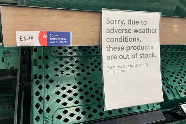 Empty shelves are seen in the fruit and vegetable aisles of a Tesco supermarket