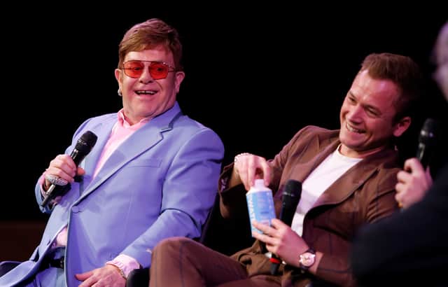 HOLLYWOOD, CALIFORNIA - JANUARY 04: Elton John and Taron Egerton speak onstage during a Special Screening Q&A moderated by Dave Karger  in support of Rocketman at the Paramount Theatre on January 04, 2020 in Hollywood, California. (Photo by Rachel Murray/Getty Images for Paramount Pictures)