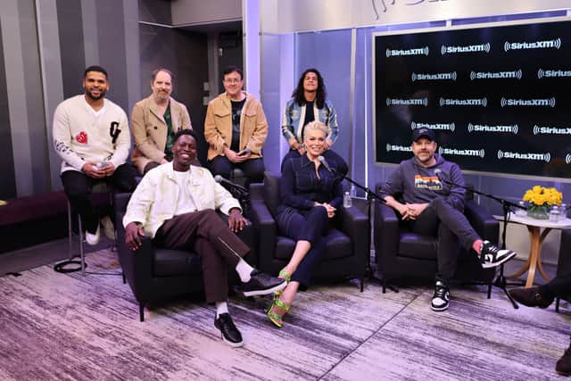 (Back row L-R) Kola Bokinni, Brendan Hunt, Jeremy Swift, Cristo FernÃ¡ndez, (front row L-R) Toheeb Jimoh, Hannah Waddingham and Jason Sudeikis take part in SiriusXM’s Town Hall with the Cast of ‘Ted Lasso’ (Photo by Cindy Ord/Getty Images for SiriusXM)