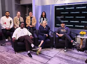 (Back row L-R) Kola Bokinni, Brendan Hunt, Jeremy Swift, Cristo FernÃ¡ndez, (front row L-R) Toheeb Jimoh, Hannah Waddingham and Jason Sudeikis - the Cast of ‘Ted Lasso’ (Photo by Cindy Ord/Getty Images for SiriusXM)
