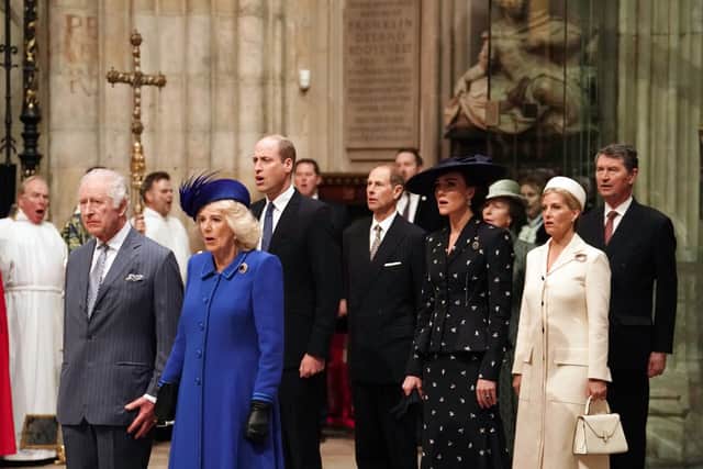  (Left to right) King Charles III, Camilla, Queen Consort, Prince William, Prince of Wales, Edward, Duke of Edinburgh, Catherine, Princess of Wales, Princess Anne, Princess Royal, Sophie, Duchess of Edinburgh and Vice Admiral Sir Tim Laurence