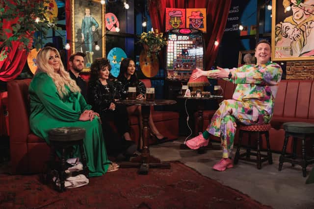 Joe Lycett on Late Night Lycett with guests Dame Joan Collins, Gemma Collins, Joel Dommett and Munroe Bergdorf 