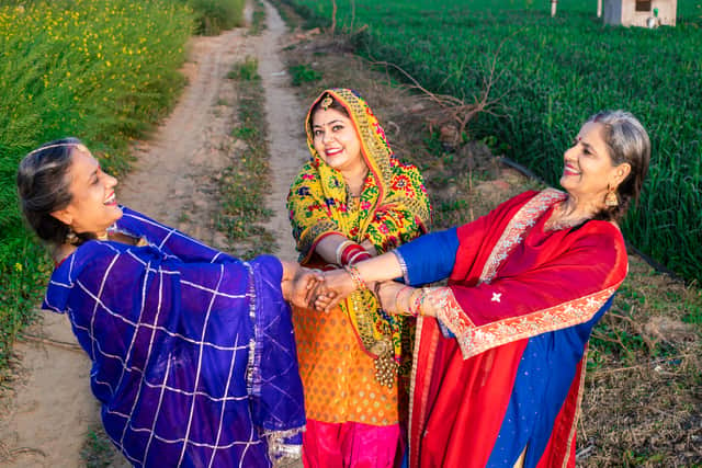 Punjabi women wearing colorful traditional dress dancing together in agriculture field celebrating Baisakhi or vaisakhi festival 