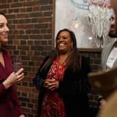 Britain's Catherine, Princess of Wales (L) speaks with  TV presenter Alison Hammond (C) during a visit to The Rectory in Birmingham on April 20, 2023, where she met future leaders and local business owners from Birmingham's creative industries sector