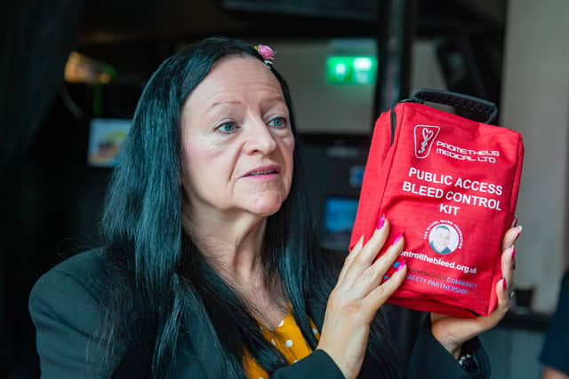 Campaigner Lynne Baird, of The Daniel Baird Foundation with the Bleed Control kit, Birmingham