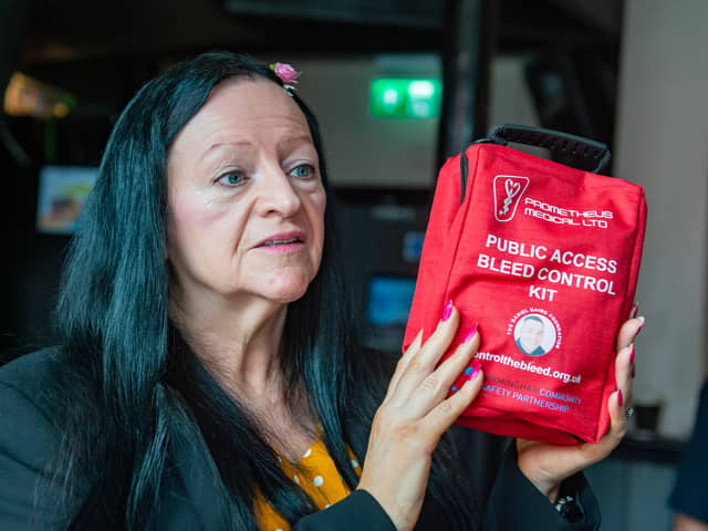 Campaigner Lynne Baird, of The Daniel Baird Foundation with the Bleed Control kit, Birmingham