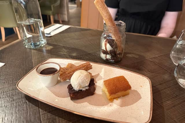 Katie went for the chocolate churros sundae, whereas Charlie had the ‘mini trio’ which included a  piece of lemon drizzle cake, a slice of chocolate brownie and three churros.