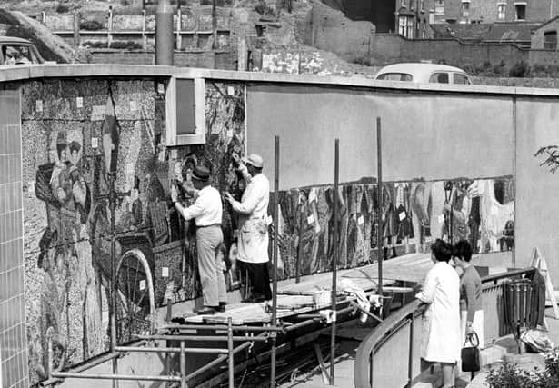 Horse Fair Mural being constructed at Holloway Circus in Birmingham in the 1960s