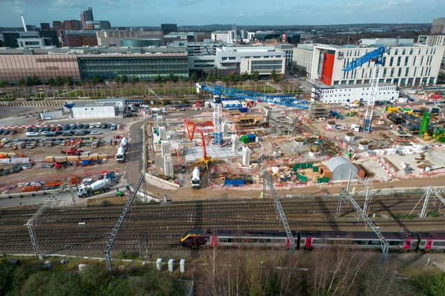 An aerial view from a drone shows the site of the Birmingham High Speed Rail 2 station construction site at Curzon Street on March 22, 2023 in Birmingham, England. (Photo by Christopher Furlong/Getty Images)