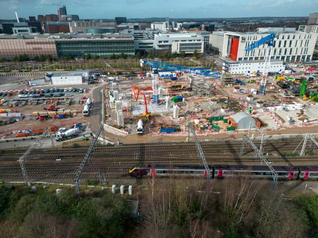 An aerial view from a drone shows the site of the Birmingham High Speed Rail 2 station construction site at Curzon Street on March 22, 2023 in Birmingham, England. (Photo by Christopher Furlong/Getty Images)