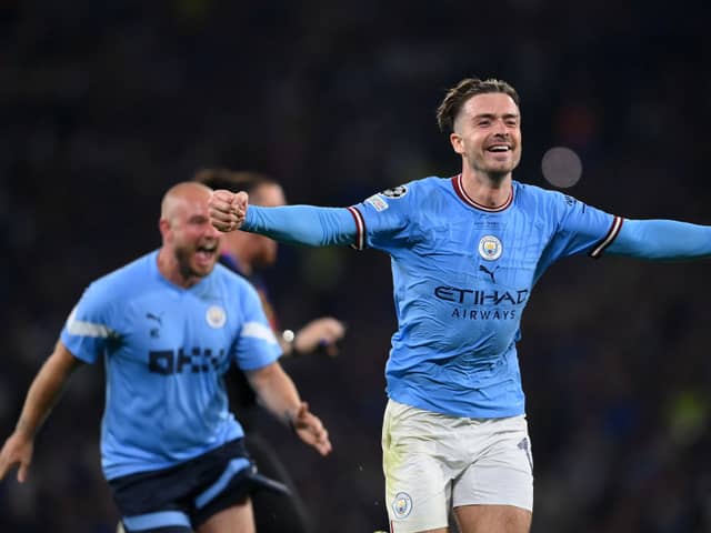 Jack Grealish celebrated at full time as Manchester City secured the Champions League trophy. (Photo by Shaun Botterill/Getty Images)