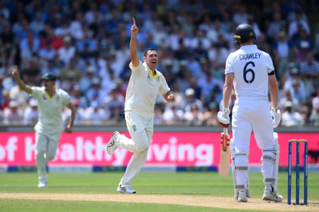 Scott Boland of Australia celebrates claiming the wicket of Zak Crawley of England during Day One of the LV= Insurance Ashes 1st Test match between England and Australia at Edgbaston on June 16, 2023 in Birmingham, England. (Photo by Shaun Botterill/Getty Images)