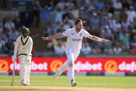 England bowler Ollie Robinson celebrates the wicket of David Warner during day four of the LV= Insurance Ashes 1st Test Match between England and Australia at Edgbaston on June 19, 2023 in Birmingham, England. (Photo by Stu Forster/Getty Images)