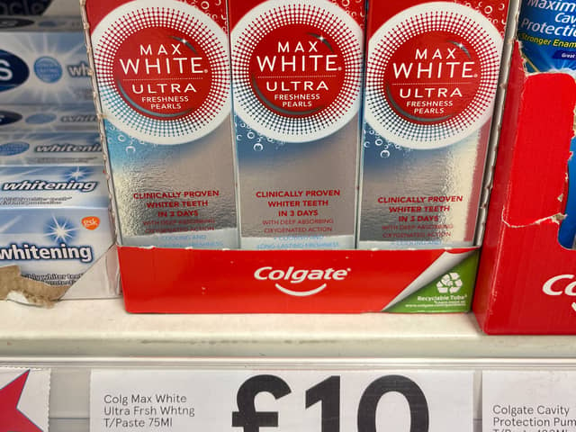 Colgate toothpaste now at £10 at a Tesco supermarket in Birmingham