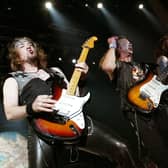 Guitarists Adrian Smith, Dave Murray, Steve Harris and Janick Gers of Iron Maiden performs(Photo by Karl Walter/Getty Images)