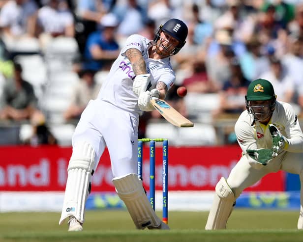 LEEDS, ENGLAND - JULY 07: England captain Ben Stokes hits out for six runs watched by Australia wicketkeeper Alex Carey during Day Two of the LV= Insurance Ashes 3rd Test Match between England and Australia at Headingley on July 07, 2023 in Leeds, England. (Photo by Stu Forster/Getty Images)