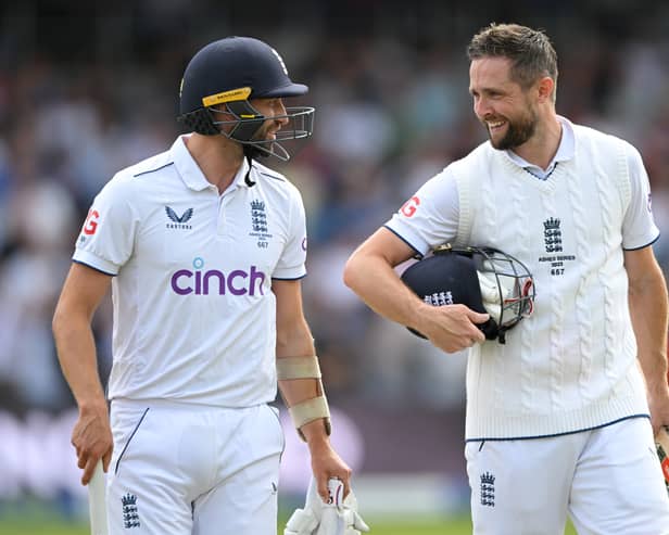 LEEDS, ENGLAND - JULY 09: Chris Woakes of England celebrates with teammate Mark Wood after hitting the winning runs to win the LV= Insurance Ashes 3rd Test Match between England and Australia at Headingley on July 09, 2023 in Leeds, England. (Photo by Stu Forster/Getty Images)