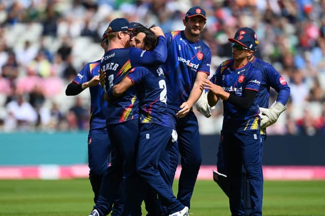 Shane Snater of Essex celebrates taking the wicket of James VInce of Hampshire with teammates during the Vitality Blast Semi-Final match between Essex Eagles and Hampshire Hawks at Edgbaston on July 15, 2023 in Birmingham, England. (Photo by Alex Davidson/Getty Images)