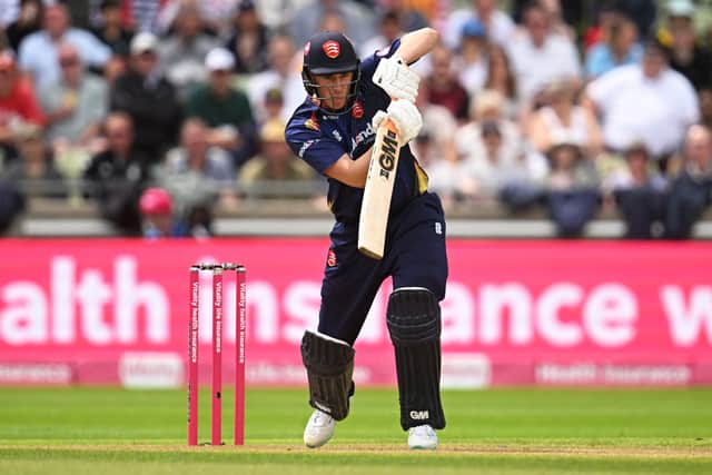 Dan Lawrence of Essex Eagles plays a shot during the Vitality Blast T20 Semi-Final 1 match between Essex Eagles and Hampshire Hawks at Edgbaston on July 15, 2023 in Birmingham, England. (Photo by Harry Trump/Getty Images)