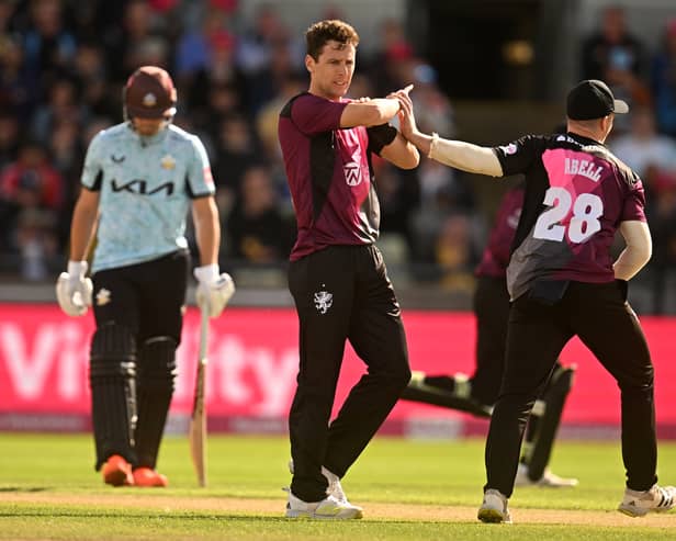 Matt Henry of Somerset celebrates the wicket of Jason Roy of Surrey with team mate Tom Abell during the Vitality Blast T20 Semi-Final 2 match between Somerset and Surrey at Edgbaston on July 15, 2023 in Birmingham, England. (Photo by Harry Trump/Getty Images)