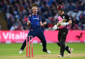 Paul Walter of Essex celebrates taking the wicket of Tom Abell of Somerset during the Vitality Blast T20 Final between Essex Eagles and Somerset at Edgbaston on July 15, 2023 in Birmingham, England. (Photo by Alex Davidson/Getty Images)