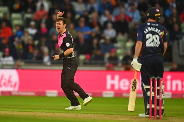Matt Henry of Somerset celebrates the wicket of Dan Lawrence of Essex Eagles during the Vitality Blast T20 Final between Essex Eagles and Somerset at Edgbaston on July 15, 2023 in Birmingham, England. (Photo by Harry Trump/Getty Images)