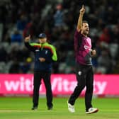 Lewis Gregory of Somerset celebrates the wicket of Simon Harmer of Essex during the Vitality Blast T20 Final between Essex Eagles and Somerset at Edgbaston on July 15, 2023 in Birmingham, England. (Photo by Alex Davidson/Getty Images)