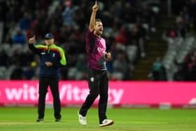 Lewis Gregory of Somerset celebrates the wicket of Simon Harmer of Essex during the Vitality Blast T20 Final between Essex Eagles and Somerset at Edgbaston on July 15, 2023 in Birmingham, England. (Photo by Alex Davidson/Getty Images)