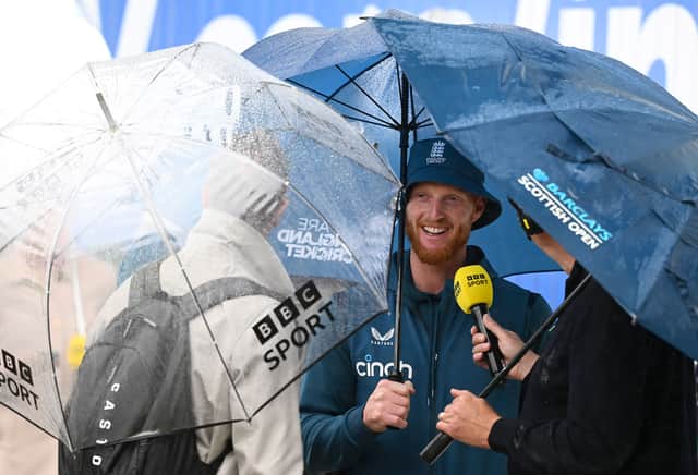 Ben Stokes of England talks to the media after the end of match presentations on day five of the LV=Insurance Ashes 4th Test Match between England and Australia at Emirates Old Trafford on July 23, 2023 in Manchester, England. (Photo by Clive Mason/Getty Images)
