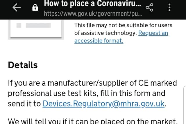 MHRA message on coronavirus test kits