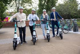 (l-r) Sam Jones, microbility director Serco, Phil Ellis, Beryl CEO and co-founder, Claire Sharpe, head of marketing and communications at Beryl and Andrew Thrupp, head of operational assets at TfWM, test out the new scooters in Selly Oak, Birmingham 