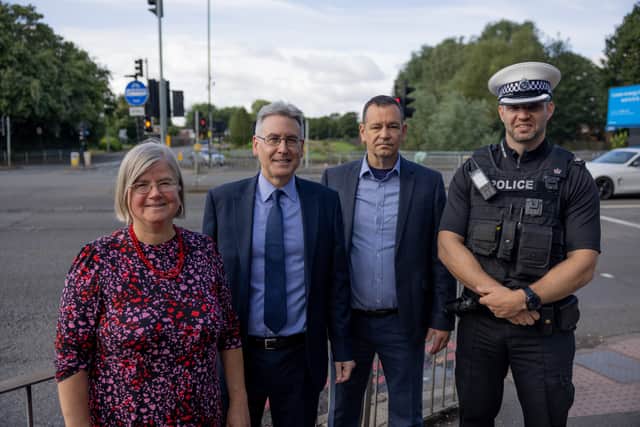 Cllr Liz Clements, cabinet member for transport at Birmingham City Council; Simon Foster, West Midlands Police and Crime Commissioner; Darren Divall, regional road safety manager for Transport for West Midlands; Superintendent Gareth Mason, head of roads policing in West Midlands, at the launch of today’s road safety crackdown