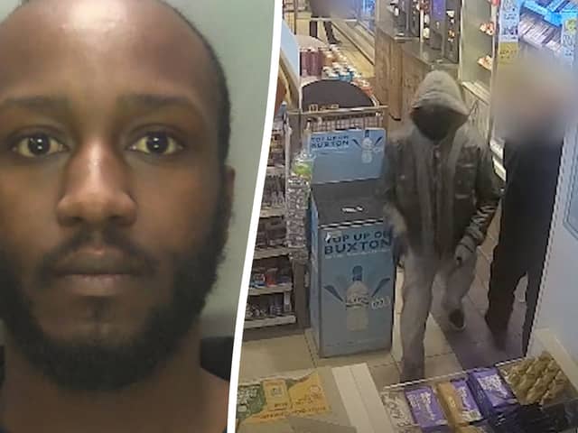 Shocking CCTV shows a law graduate threatening shop staff with a knife as he carried out a string of terrifying armed robberies during a rampage across a city