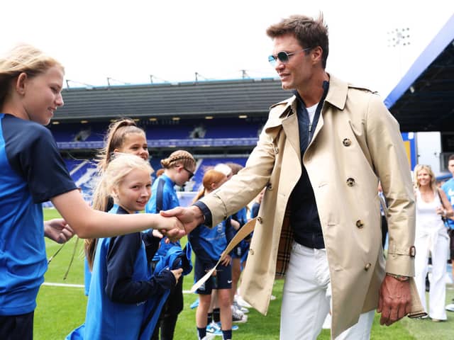 : Tom Brady, Former NFL Quarterback interacts with Birmingham City Mascots prior to the Sky Bet Championship match between Birmingham City and Leeds United at St Andrews