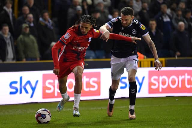 Hannibal Mejbri of Birmingham City battles for possession with Scott Malone of Millwall during the Sky Bet Championship match between Millwall and Birmingham City at The Den on April 18, 2023 in London, England. (Photo by Justin Setterfield/Getty Images)
