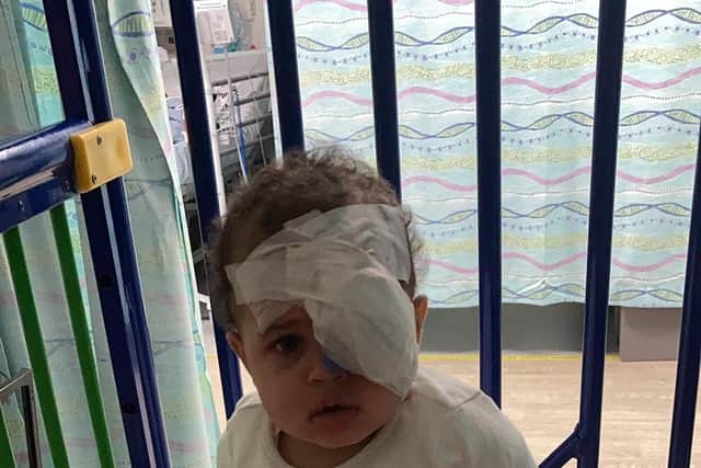 In March 2021 when Amelia was 6 months old, Amelias Grandma noticed something wasn’t right with Amelia’s eye during dinner. (Photo - The Childhood Eye Cancer Trust)