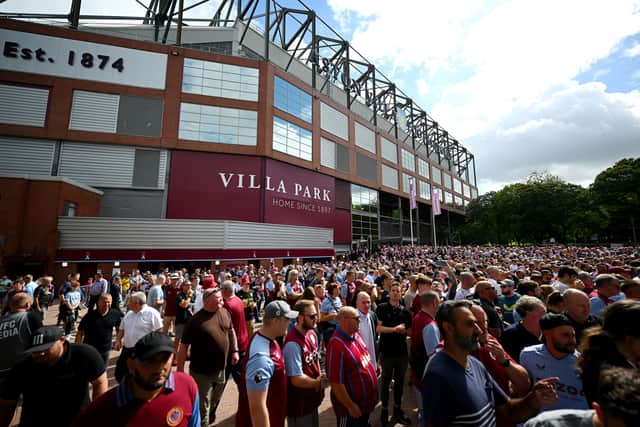  Fans of Aston Villa watch the final of the Women's World Cup on a big screen outside the stadium prior to the Premier League match between Aston Villa and Everton FC at Villa Park on August 20, 2023
