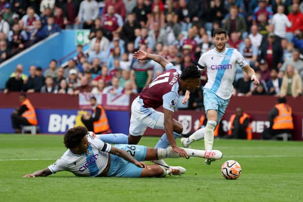 Ollie Watkins of Aston Villa is fouled by Chris Richards of Crystal Palace inside the box which leads to a penalty awarded to Aston Villa during the Premier League match between Aston Villa and Crystal Palace at Villa Park. (Photo by Matthew Lewis/Getty Images)